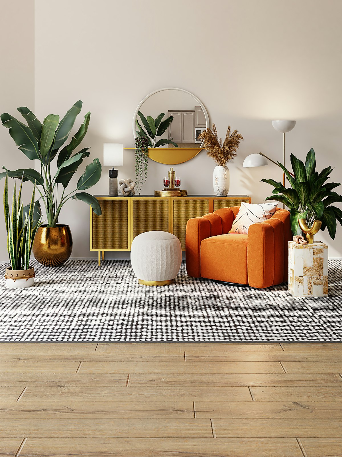 Sunlit living room with an orange armchair, a mustard sideboard, round mirrors and leafy plants