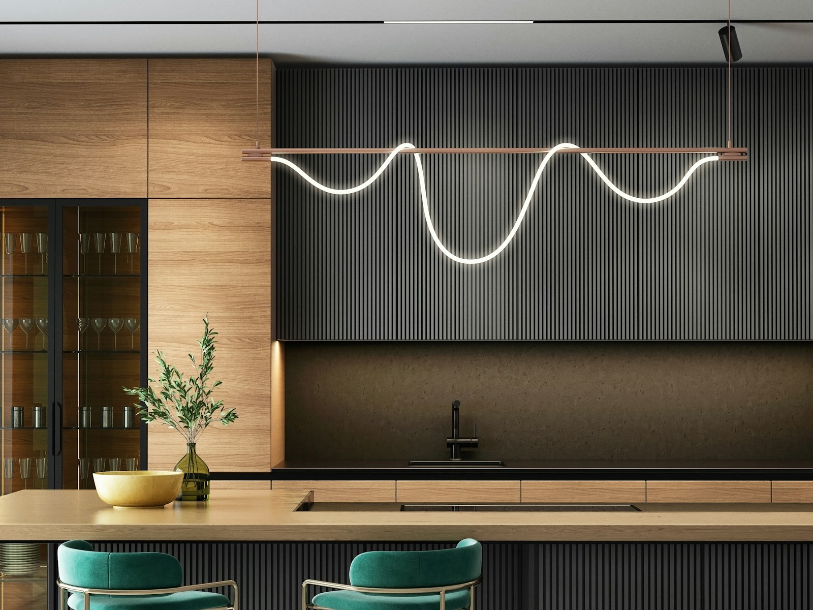 Modern kitchen with dark fluted cabinetry, oak panels, a sculptural light and teal bar stools