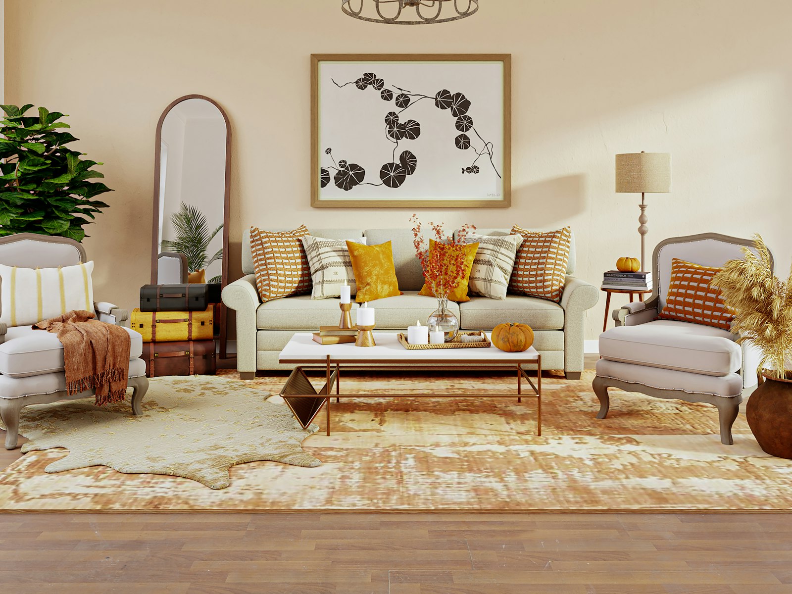 Sitting room with a cream sofa, mustard and rust cushions, a patterned rug and framed botanical art